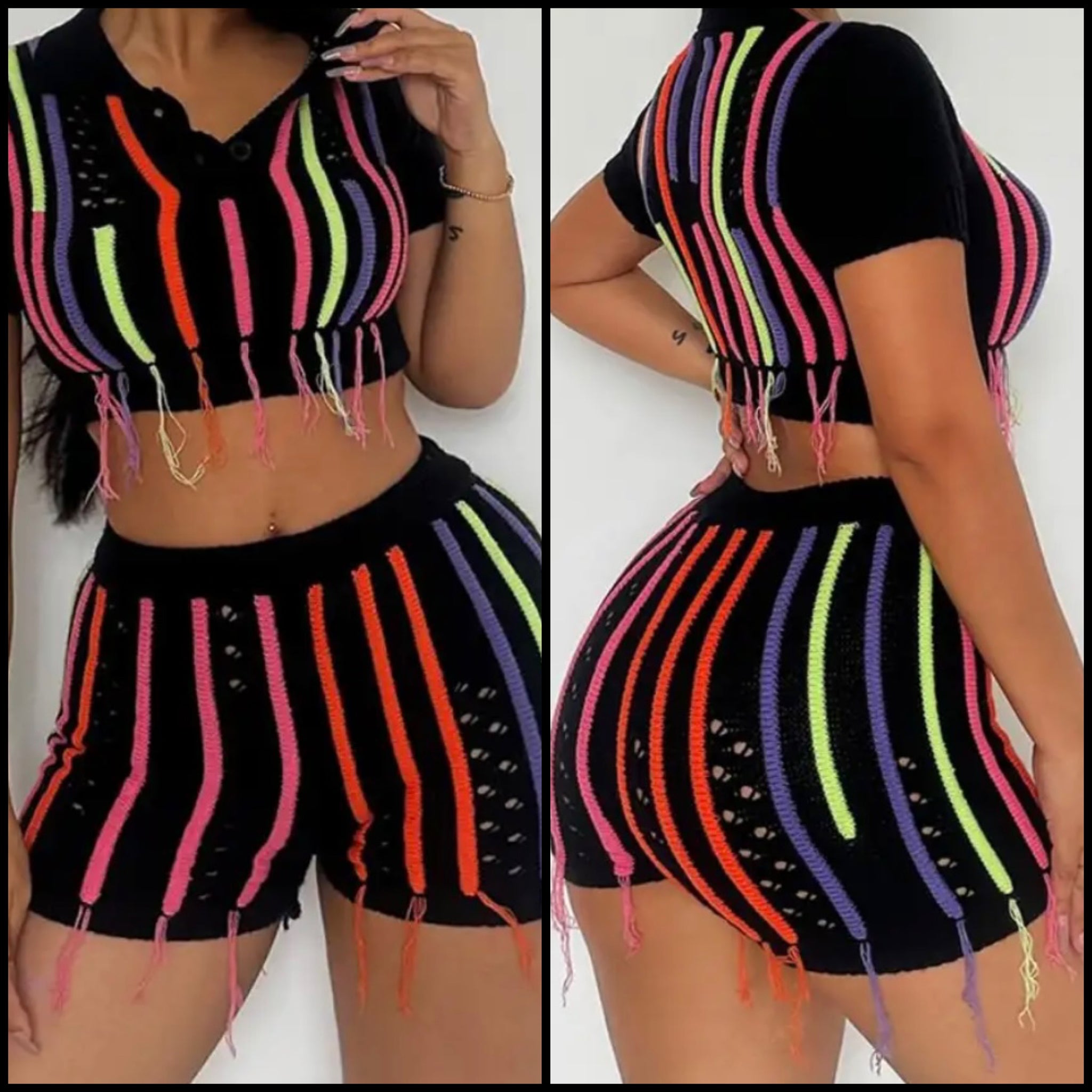 Women Short Sleeve Fashion Neon Striped Two Piece Short Set