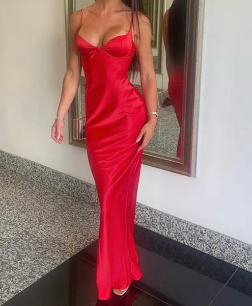 Women Sexy Sleeveless Satin Solid Color Maxi Dress