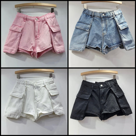 Women Solid Color Fashion Side Pocket Denim Shorts