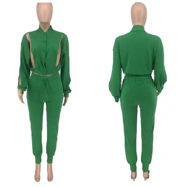 Women Fashion Green Cut Out Two Piece Tracksuit Pant Set