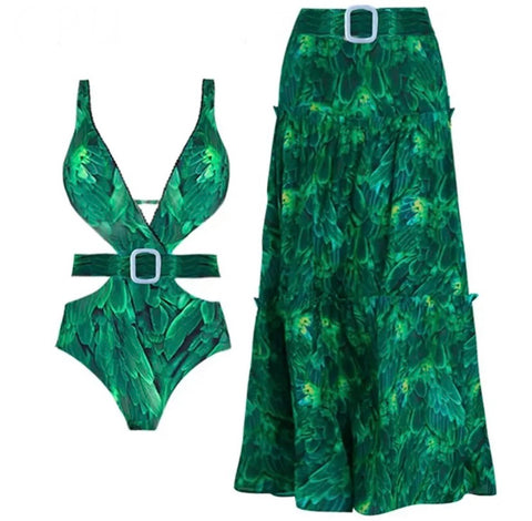 Women Sexy Green Printed Buckled Swimsuit Cover Up Set