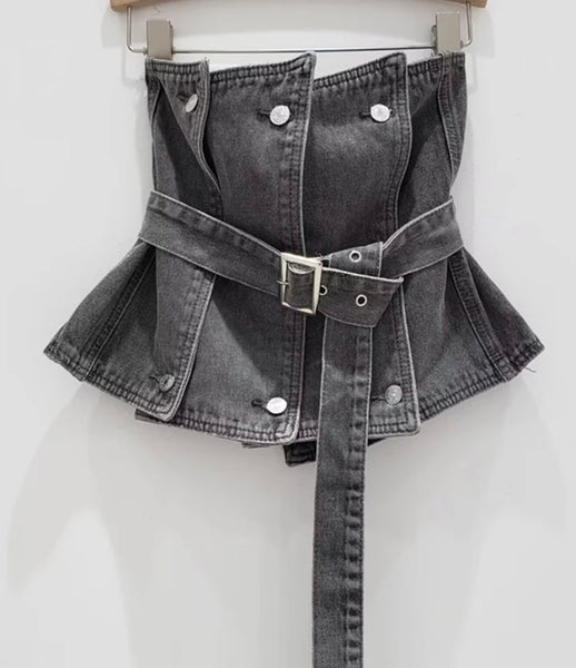 Women Fashion Strapless Button Belted Denim Crop Top