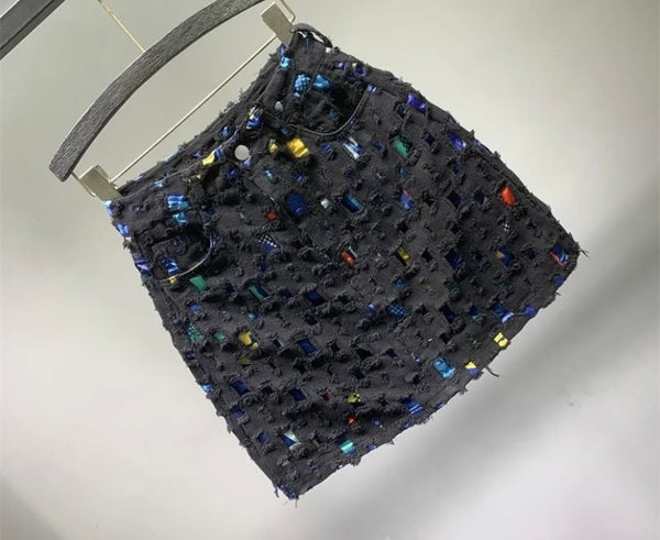 Women Color Fashion Fringe Denim Skirt