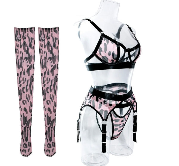 Women Pink Leopard Print Sexy Sock Lingerie Set