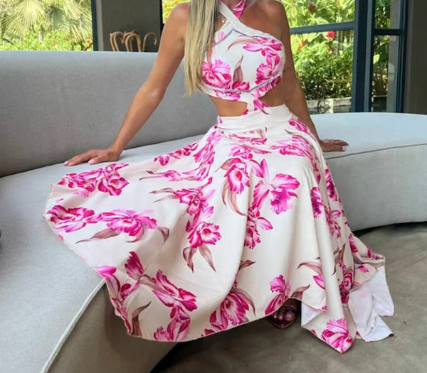 Women Sleeveless Open Back Pink Floral White Maxi Dress