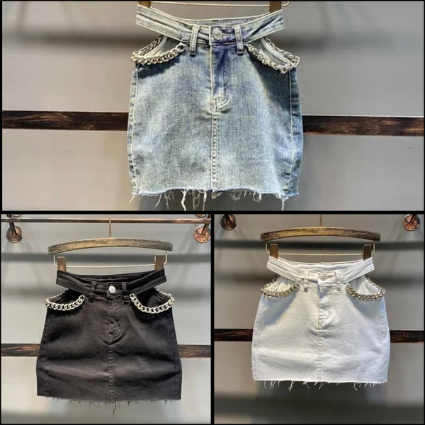 Women Fashion Chain Cut Out Denim Ripped Skirt
