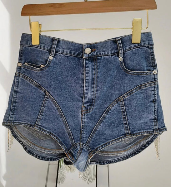 Women Rhinestone Tassel Fashion Denim Shorts
