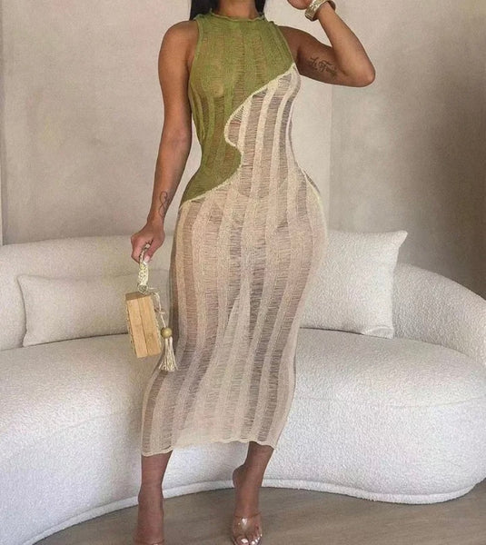 Women Sexy Sleeveless Ripped Color Patchwork Maxi Dress