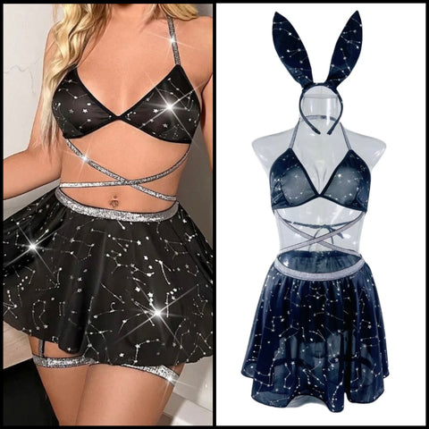 Women Sexy Black Bling Bunny Ears Lingerie Set