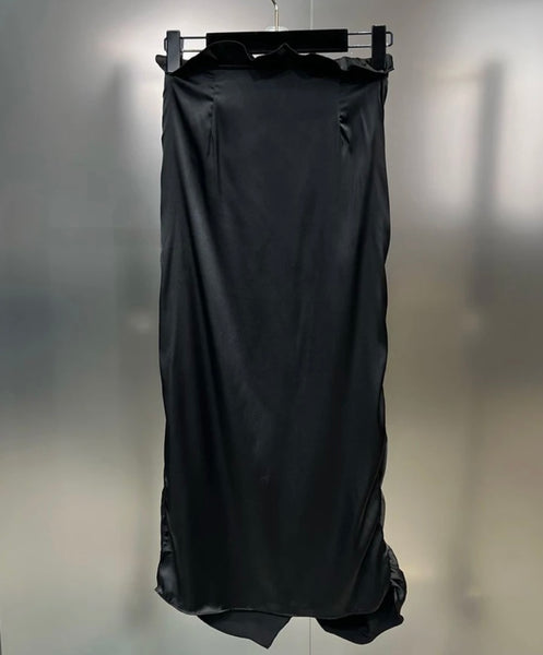 Women Sexy Sleeveless Satin Black Two Piece Maxi Skirt Set