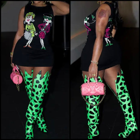 Women Sleeveless Fashion Cartoon Print Black Dress