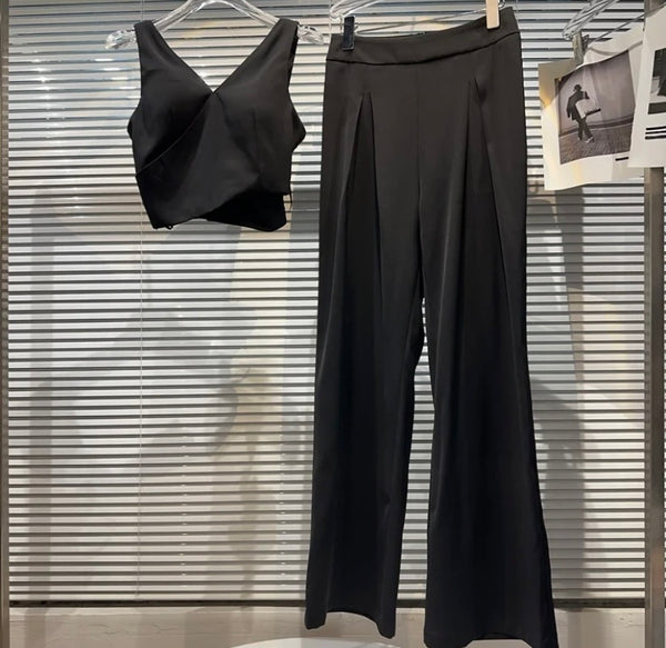 Women Sleeveless Solid Color Crop Two Piece Sexy Pant Set