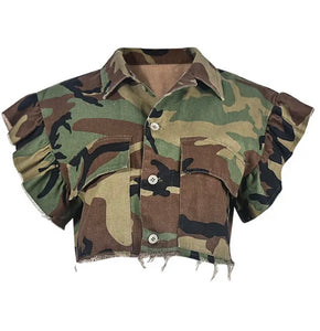 Women Ruffled Short Sleeve Button Up Camouflage Crop Top