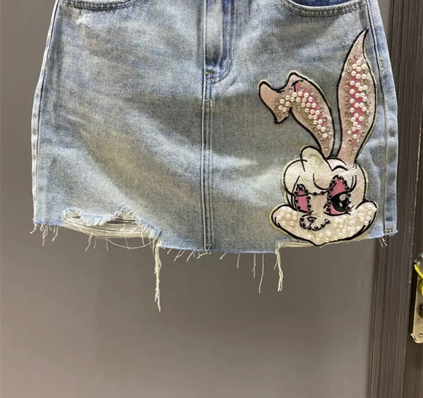 Women Fashion Pearl Bunny Print Denim Skirt