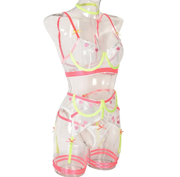 Women Sexy Mesh Neon Heart Print Lingerie Set