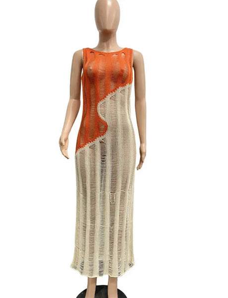Women Sexy Sleeveless Ripped Color Patchwork Maxi Dress
