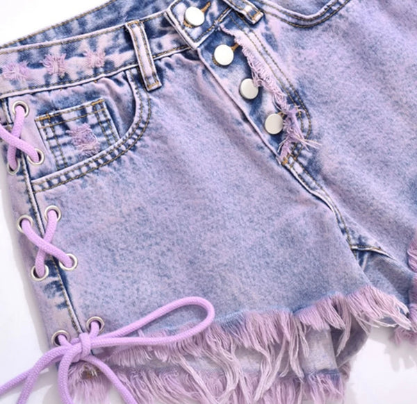 Women Purple Lace Up Fringe Fashion Denim Shorts