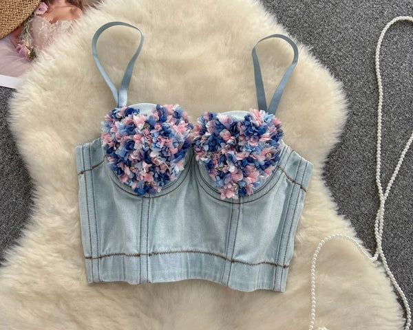 Women Sleeveless Floral Fashion Sexy Denim Crop Top