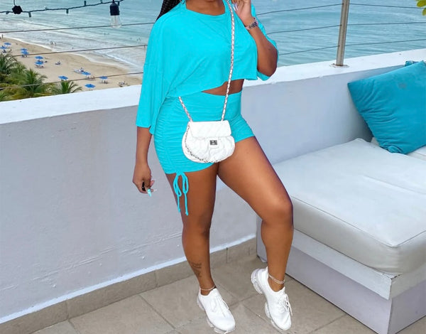 Women Short Sleeve Tie Up Drawstring Two Piece Short Set