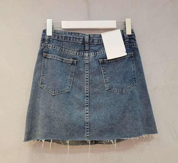 Women Fashion Ripped Gem Denim Skirt