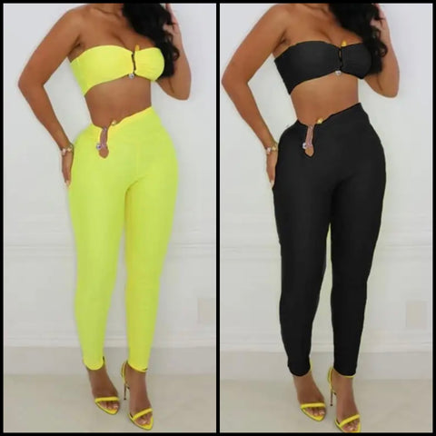 Women Strapless Sexy Solid Color Crop Two Piece Pant Set