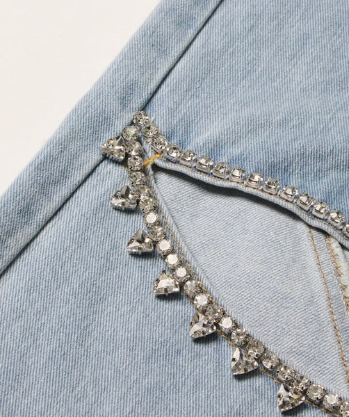 Women Fashion Cut Out Rhinestone Patchwork Denim Pants