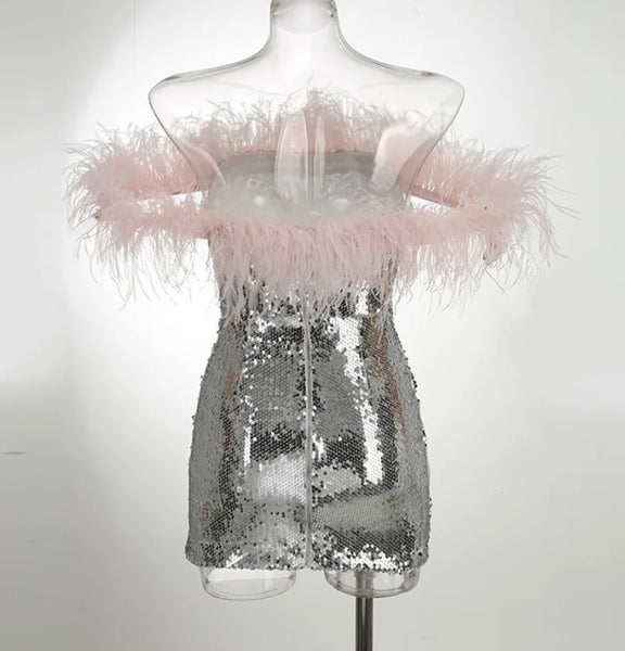 Women Sexy Feather Strapless Sequins Dress