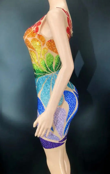 Women Sexy Sleeveless Mesh Colorful Beaded Dress