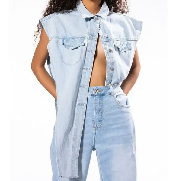 Women Sleeveless Button Up Fashion Denim Asymmetrical Top