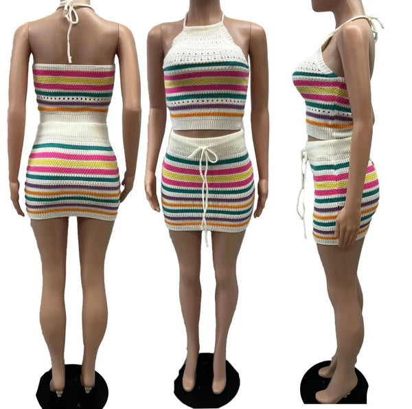 Women Sexy Sleeveless Halter Colorful Striped Two Piece Skirt Set