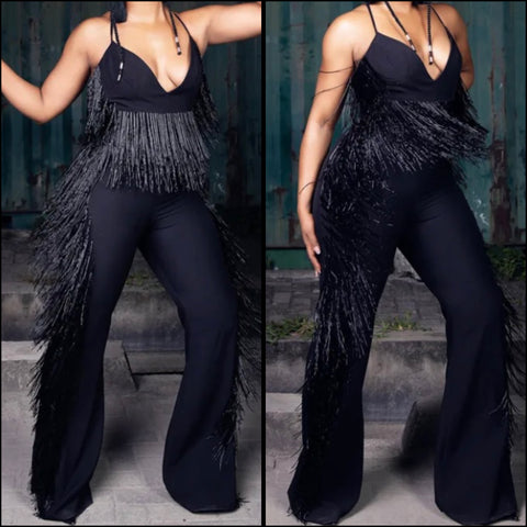 Women Black Sleeveless Tassel Sexy Two Piece Pant Set