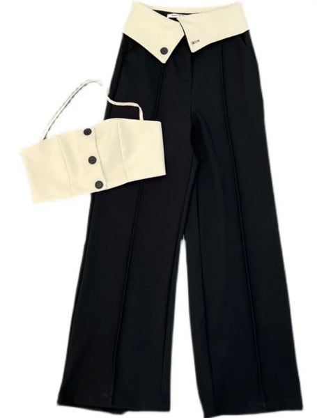 Women Two Piece Button Halter Crop Wide Leg Pant Set