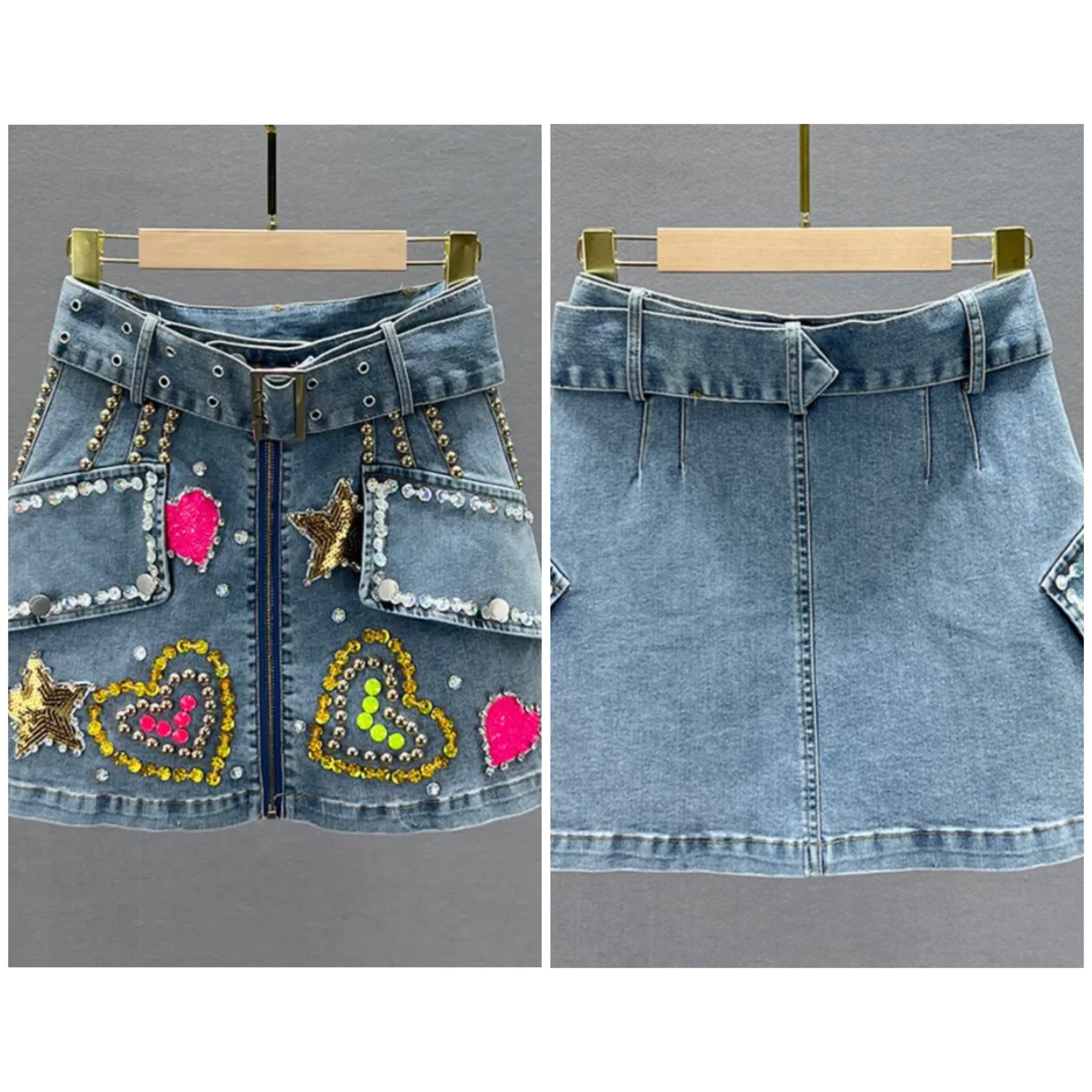 Women Front Zipper Fashion Heart Print Denim Skirt