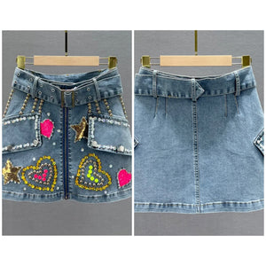Women Front Zipper Fashion Heart Print Denim Skirt