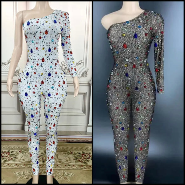 Women One Shoulder Bling Gem Fashion Jumpsuit