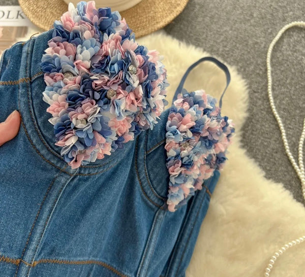 Women Sleeveless Floral Fashion Sexy Denim Crop Top