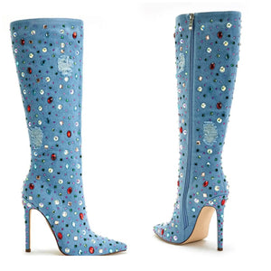 Women Pointed Toe Colorful Crystal Ripped Denim Boots