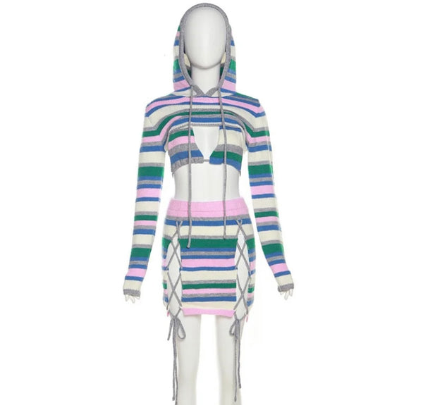 Women Sexy Multicolored Striped Hooded Three Piece Skirt Set