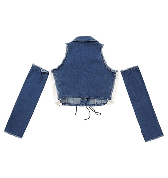 Women Fashion Lace Up Collar Denim Crop Top