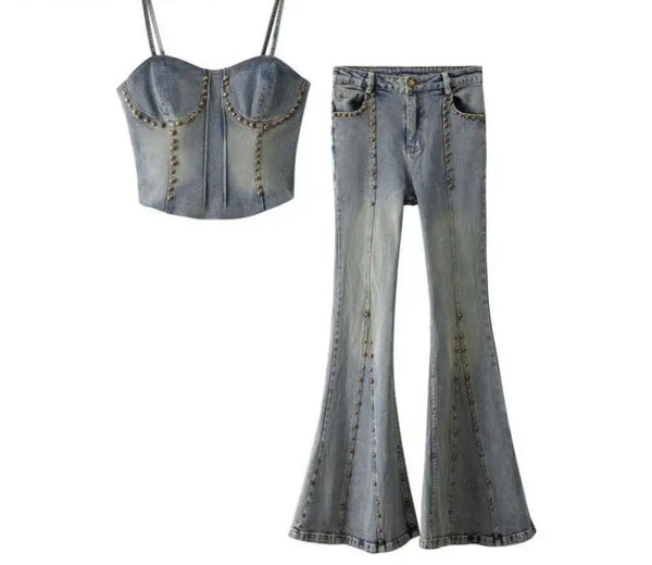 Women Sleeveless Fashion Gold Rivet Patchwork Denim Two Piece Pant Set