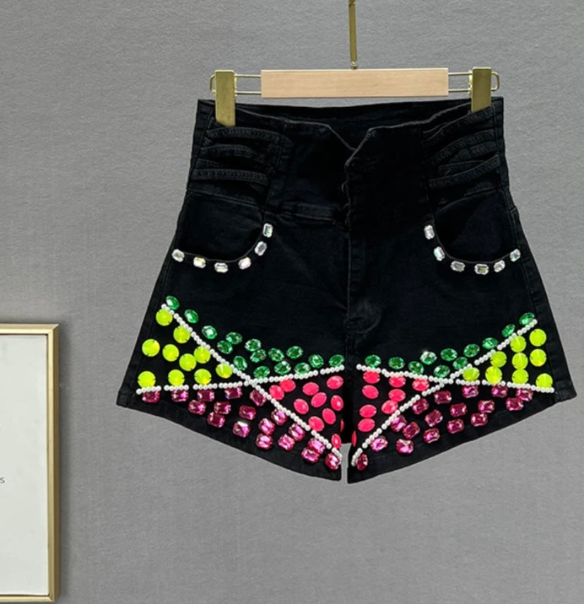 Women Fashion Neon Gem Patchwork Denim Shorts