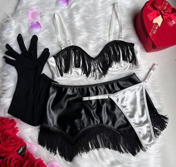 Women Sexy B&W Tassel Glove Lingerie Set