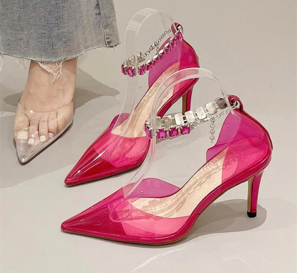 Women Pointed Toe Transparent Rhinestone Ankle Strap High Heels