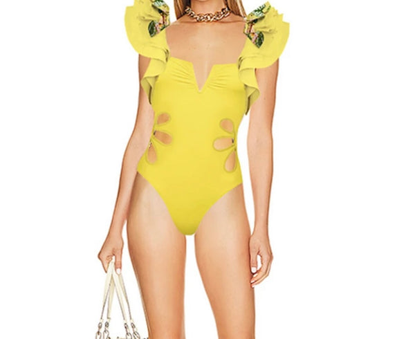 Women Sexy Ruffled Yellow Swimsuit Skirt Cover Up Set