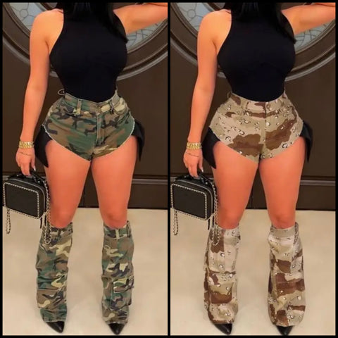 Women Camouflage Fashion Mini Shorts Shoe Cover Set