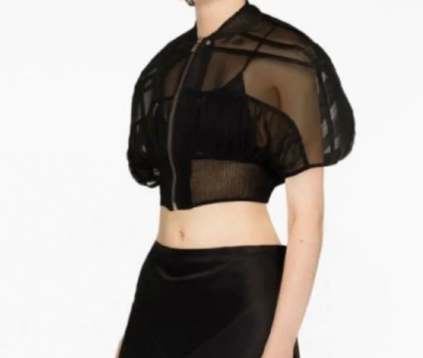 Women Short Sleeve Mesh Zip Up Crop Top