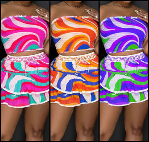 Women Sexy Strapless Multicolored Print Two Piece Skirt Set