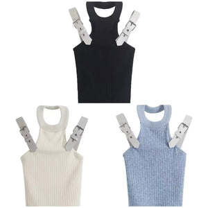 Women Halter Buckled Strap Fashion Ribbed Crop Top