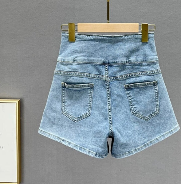 Women Fashion Neon Gem Patchwork Denim Shorts