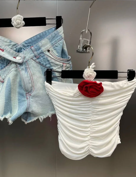 Women Fashion Rose Strapless Tube Top Two Piece Denim Short Set